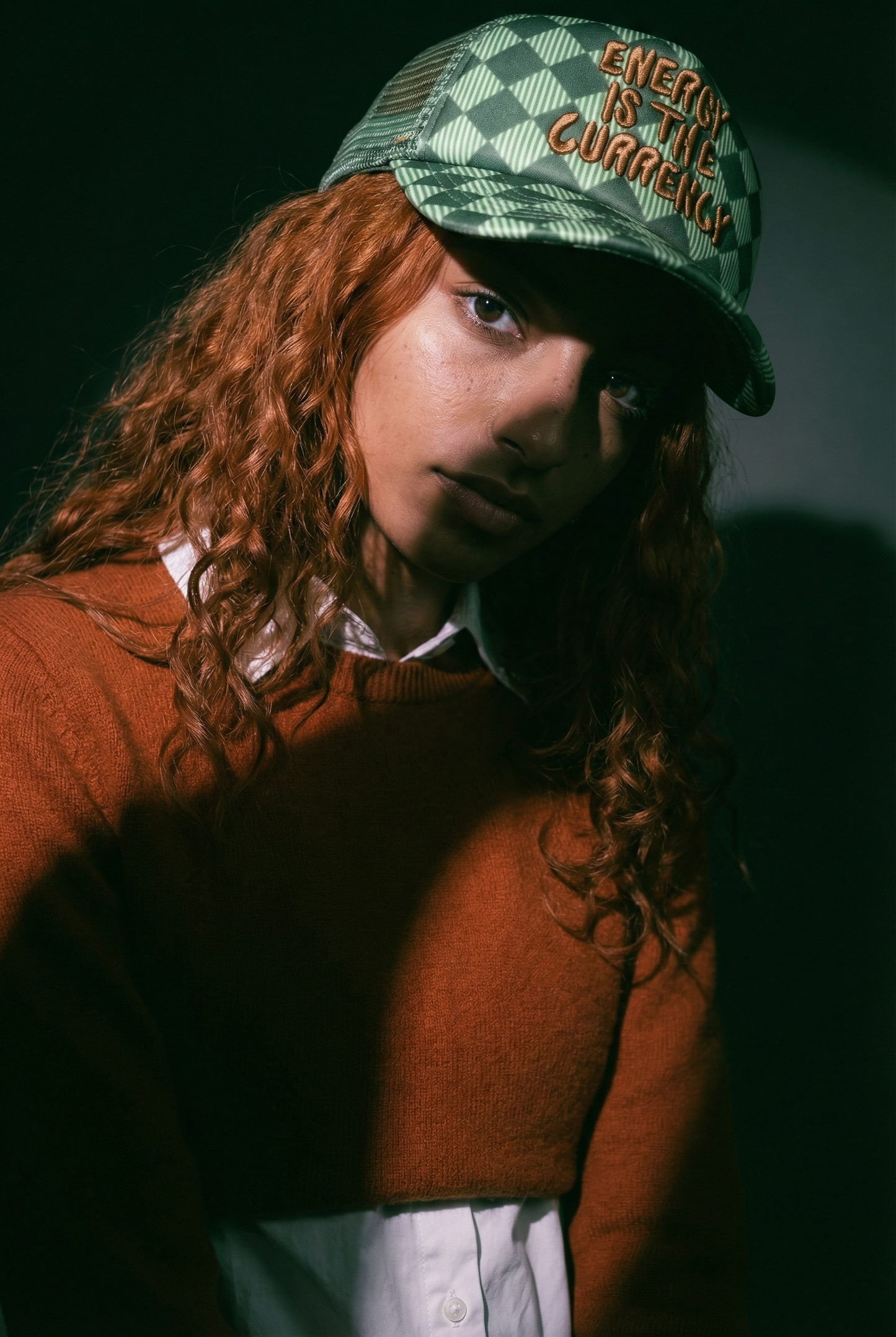 Energy is the Currency Checkered Trucker Hat in Cucumber