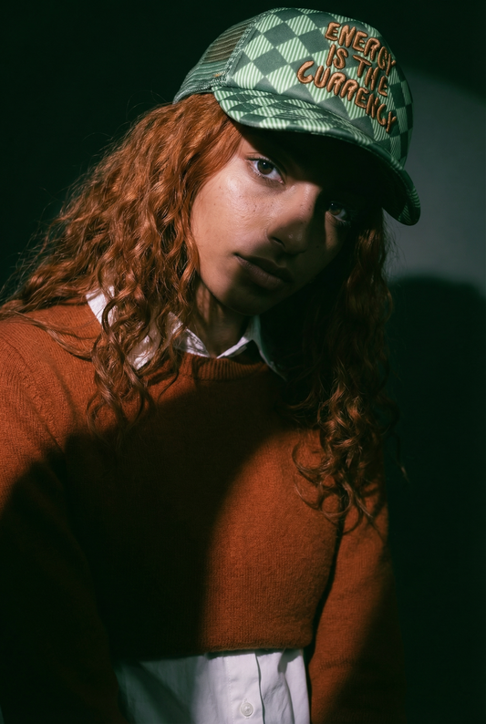 Energy is the Currency Checkered Trucker Hat in Cucumber