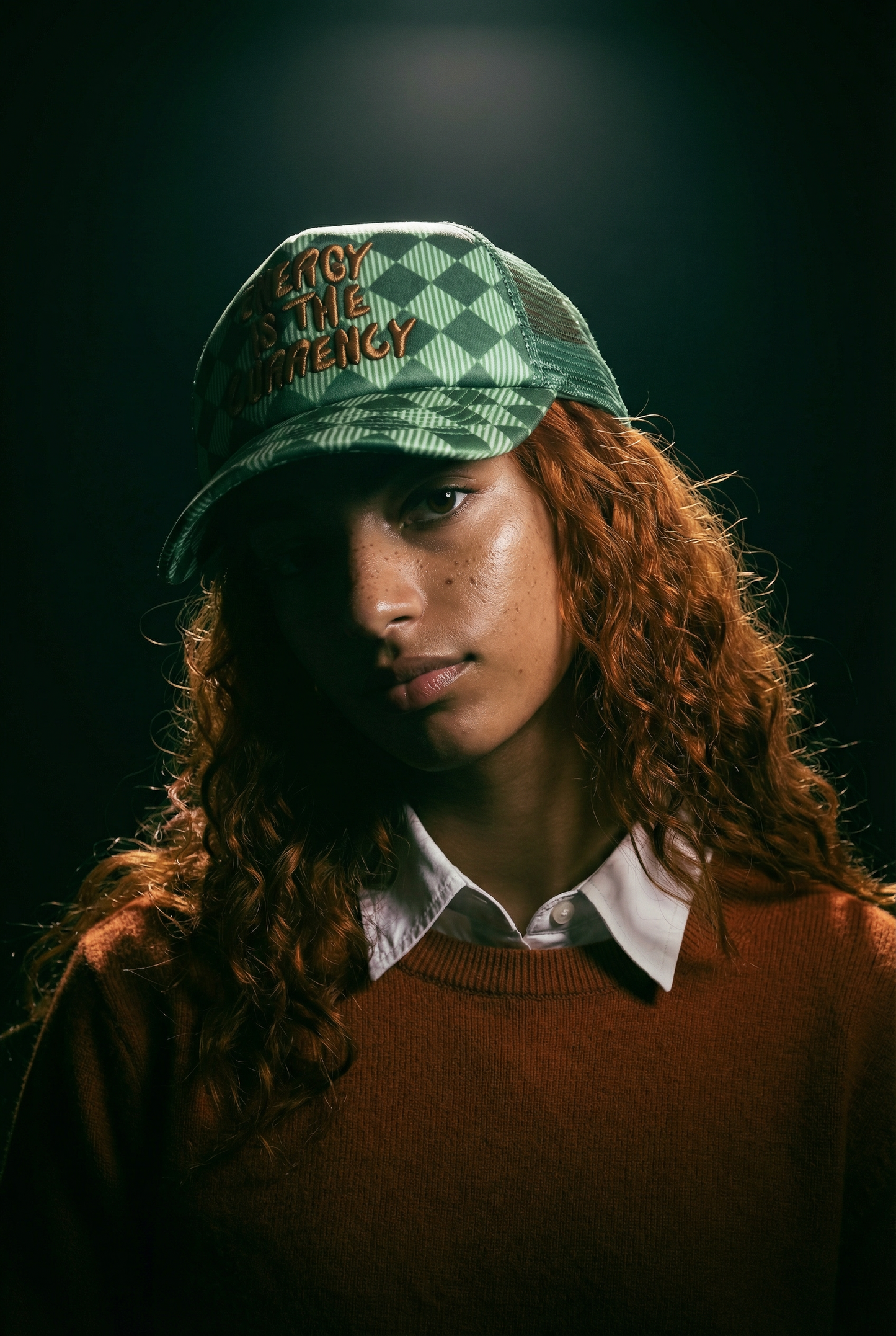 Energy is the Currency Checkered Trucker Hat in Cucumber