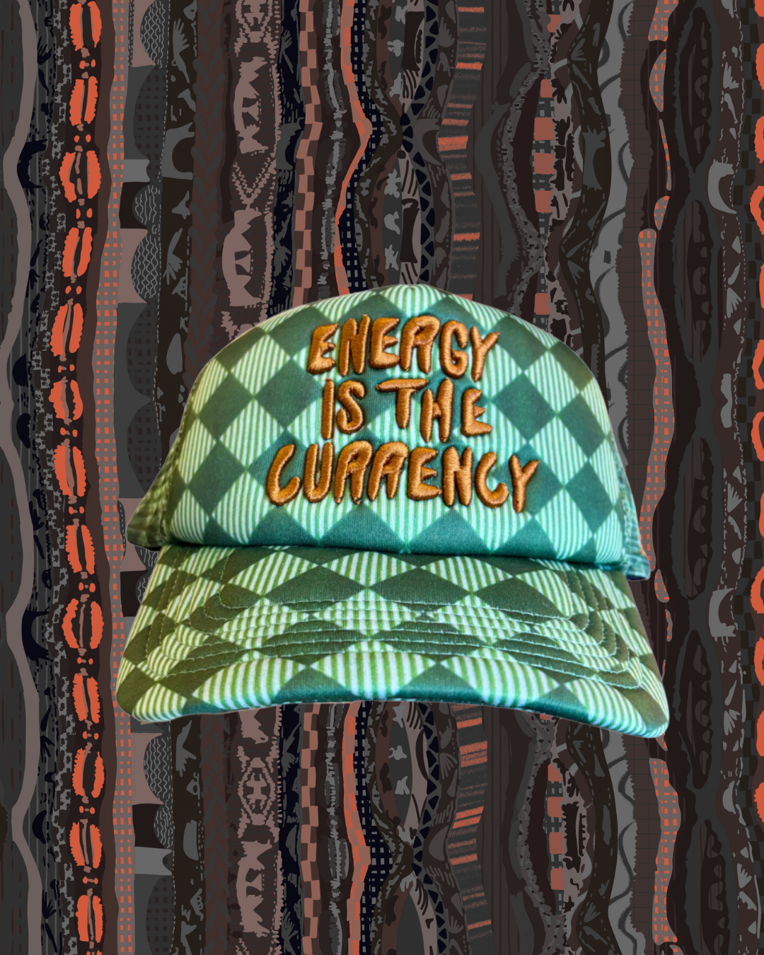 Energy is the Currency Checkered Trucker Hat in Cucumber