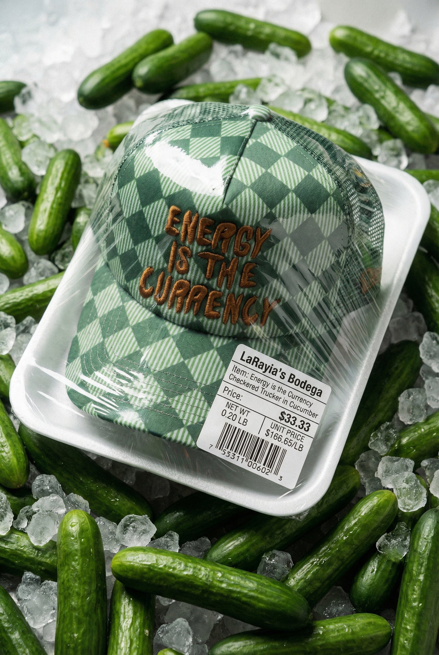 Energy is the Currency Checkered Trucker Hat in Cucumber