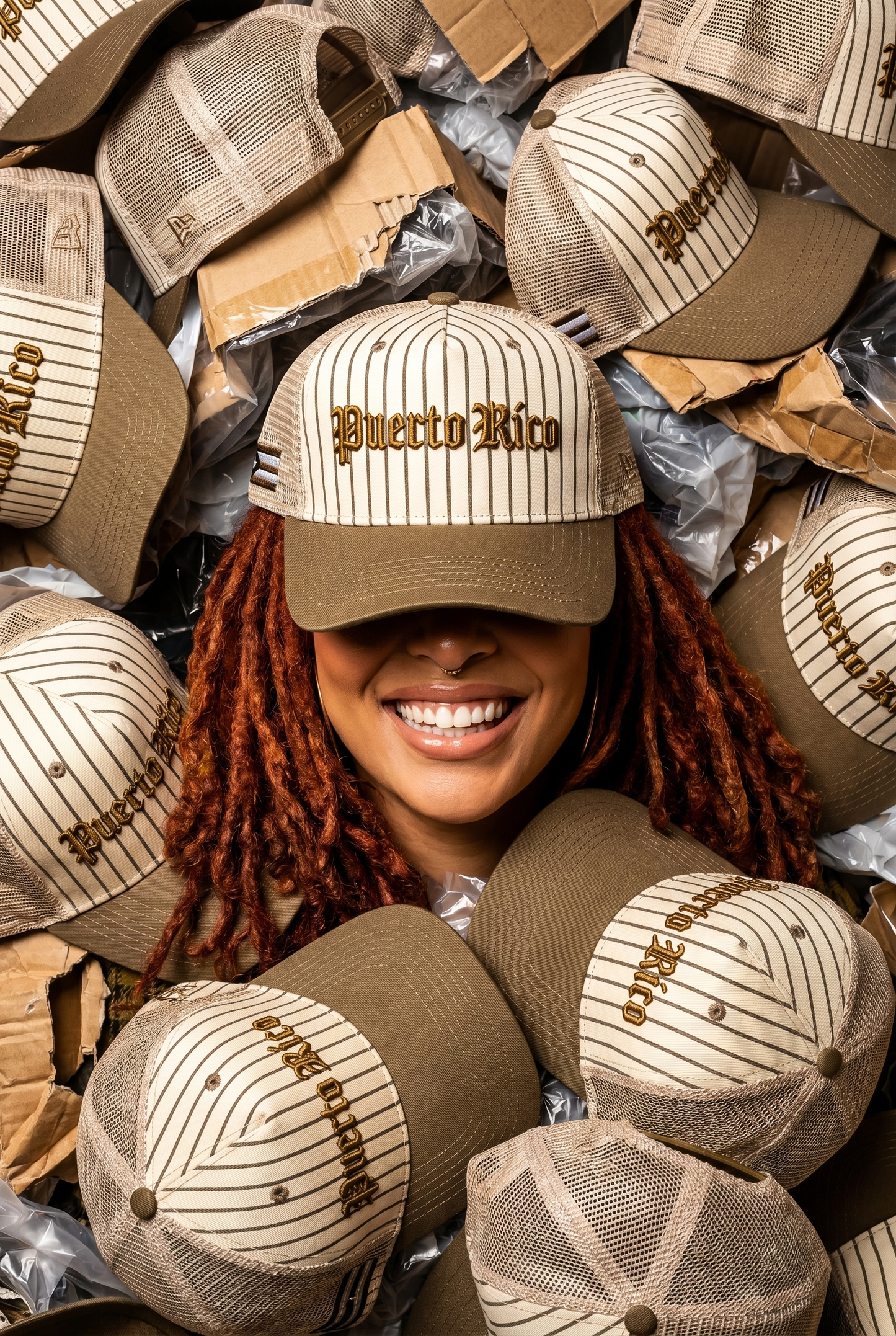 Puerto Rico Khaki Stripe & Cream Retro A-Frame hat